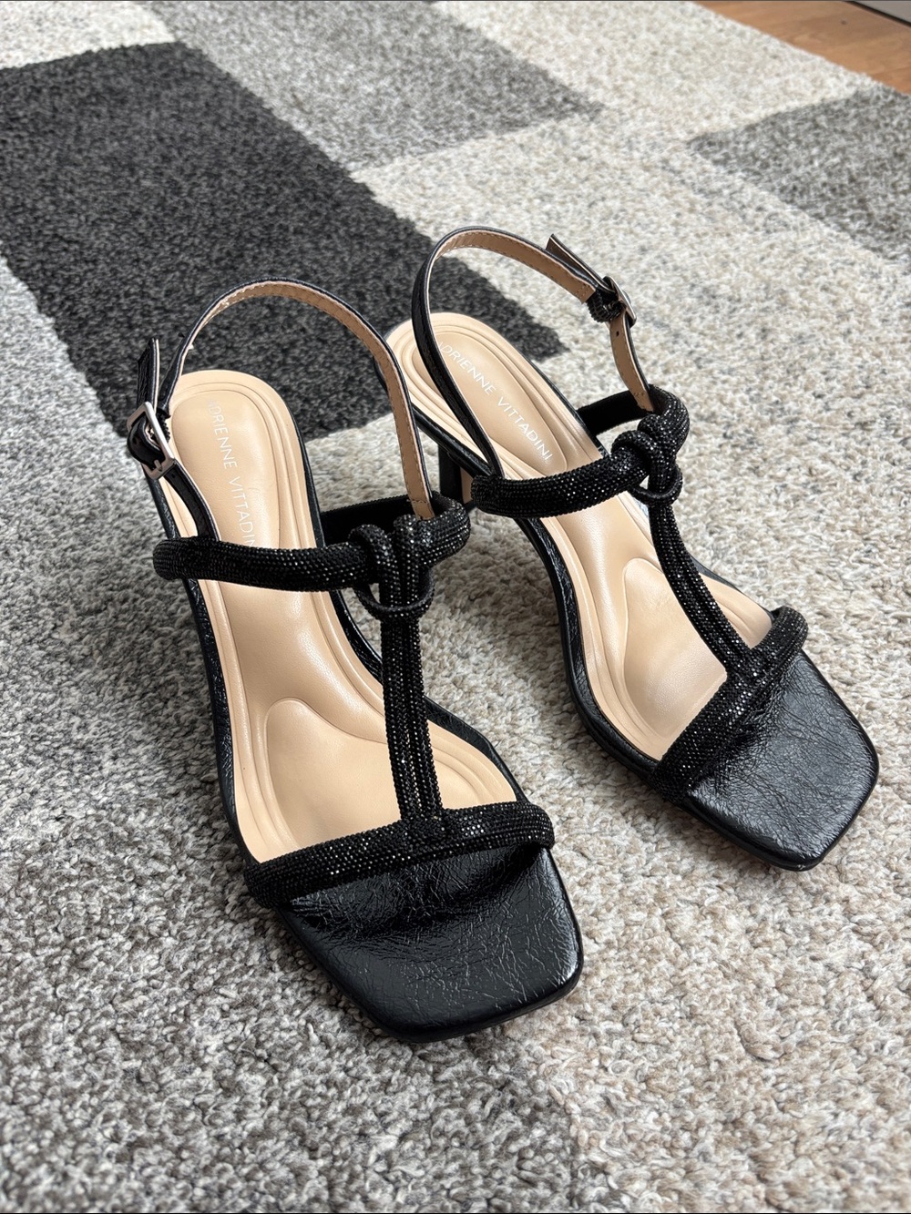 Adrienne Vittadini Black Glitter Barrie Knotted T-Strap Heels 8
